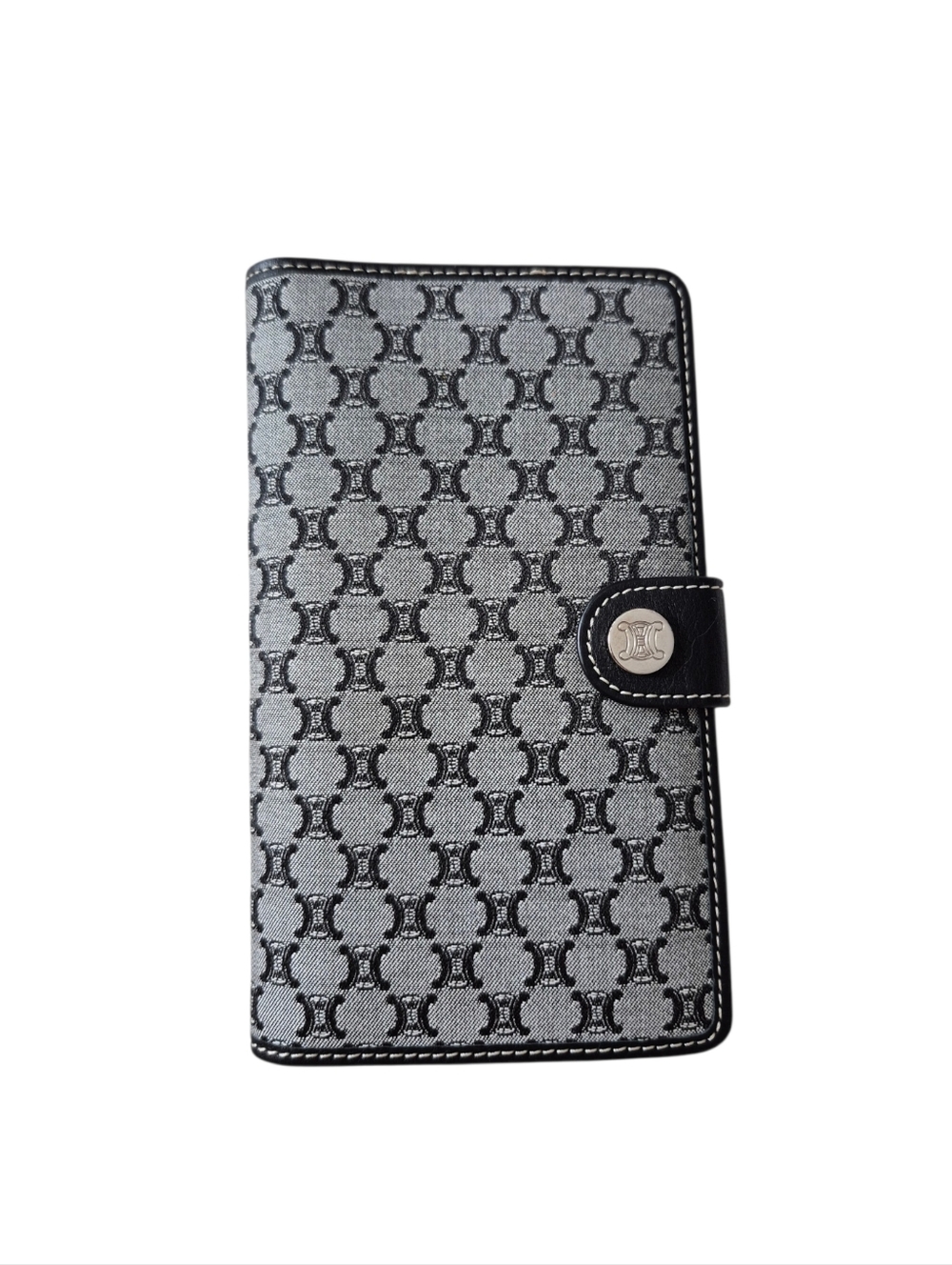Celine Paris Black Grey Triomphe Fabric Leather Long Wallet